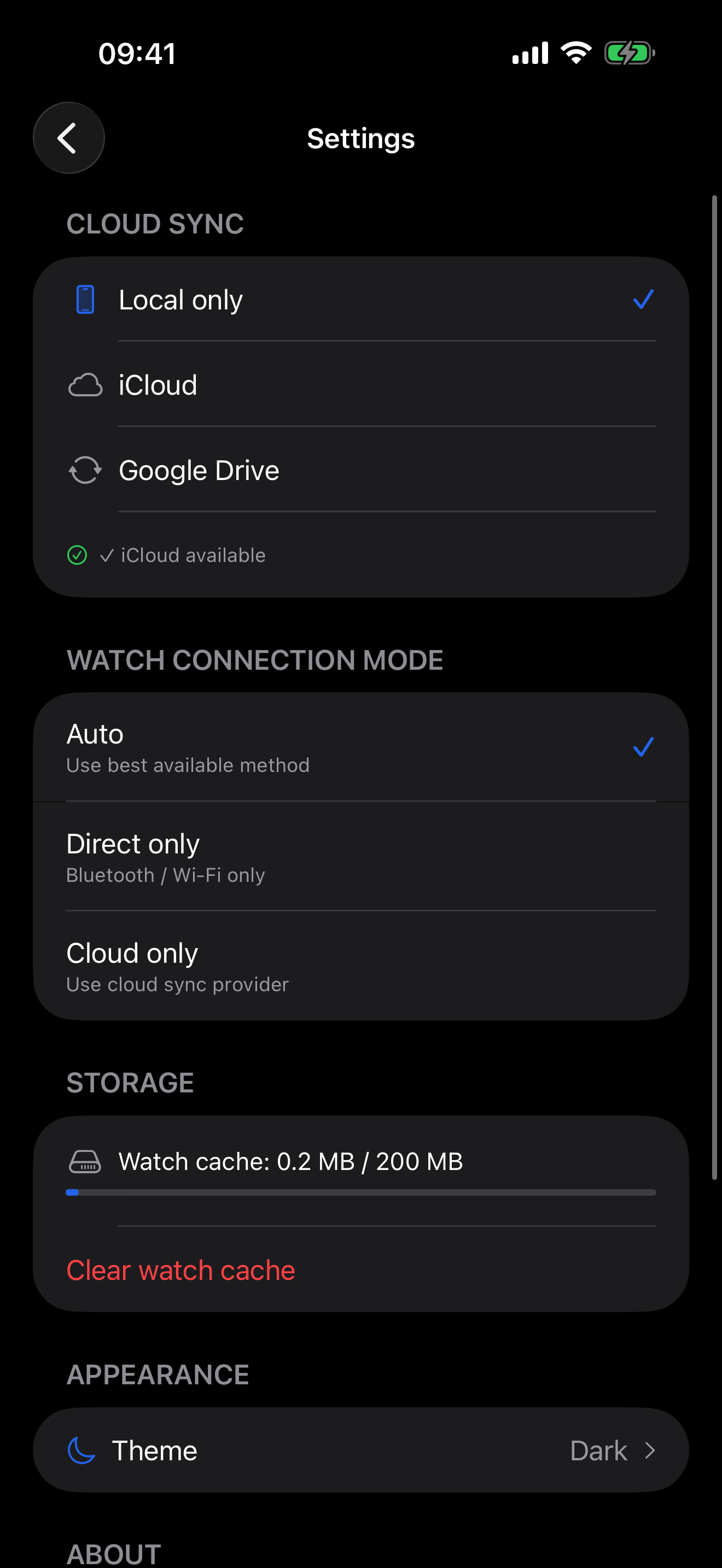 Settings screen